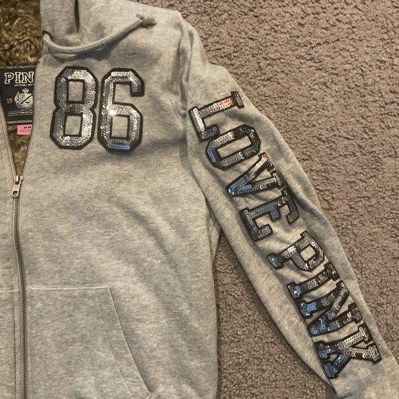 VS Victoria’s Secret PINK VTG Faux Fur Bling Sequin Hoodie Jacket Sweatshirt Y2K - Picture 11 of 12